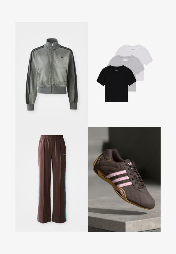 Grå zip-up sportjakke med høy krage, ribbede mansjetter og søm, svarte striper på ermene, og en liten svart Adidas-logo på brystet.; Sett med tre kortermede t-skjorter i svart, grått og hvitt. Laget av bomull, med rund hals og en enkel, ensfarget design.; Brune sporty bukser med ribbet tekstur, elastisk talje og turkise side striber. Har adidas-logoet på forsiden.; Brune suede atletik sko med rosa striper og logo, med en teksturert overdel, snøring og såle i gummigummi.