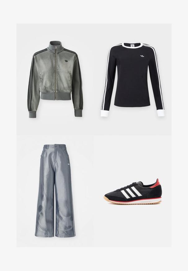 Casaco desportivo cinza com fecho éclair, gola alta, punhos e bainha canelados, riscas pretas nas mangas e um pequeno logo preto da Adidas no peito.; Camisa preta de mangas longas com colarinho e punhos brancos, riscas brancas nas mangas e pequeno logótipo branco da Adidas no lado esquerdo do peito.; Calças de pernas largas em material cinza brilhante, com riscas brancas nas laterais e um padrão de chamas na parte inferior das pernas. Fecho com botão e fecho éclair na cintura.; Sapato desportivo preto com riscas brancas, detalhes em camurça e calcanhar vermelho. Textura em malha e sola de borracha com padrão de piso castanho claro.
