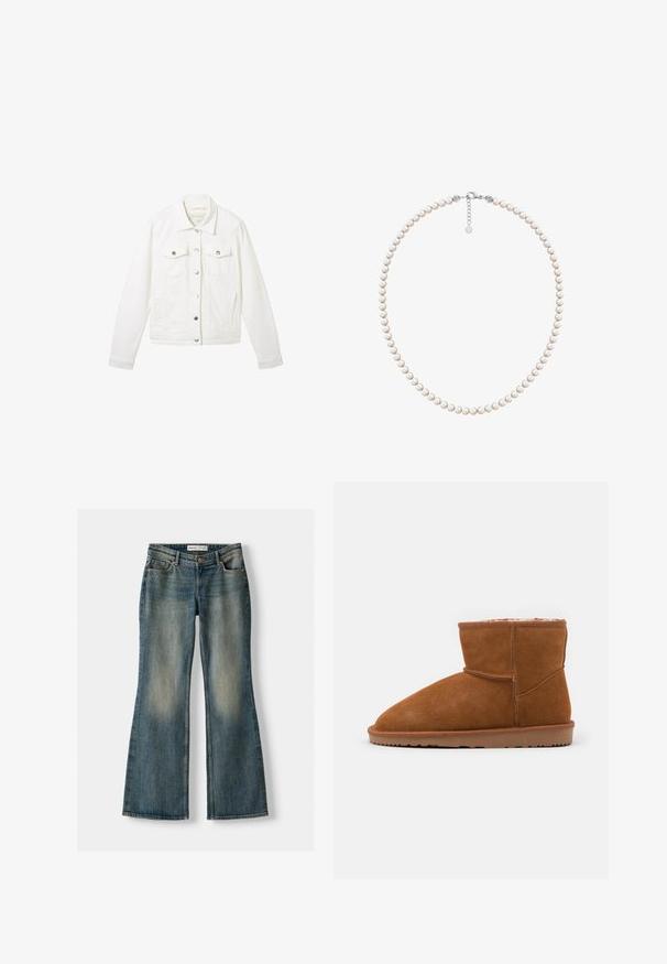 White denim jacket with a classic design, featuring a collar, long sleeves, two chest pockets, silver button closures, and a straight cut.; Three white cotton t-shirts with short sleeves and a scoop neckline, featuring a smooth texture and consistent design.; Blue flared jeans with a faded wash, five pockets, and a button closure. Material shows a denim texture with subtle stitching details.; Brown suede ankle boot with a rounded toe and soft lining, featuring a flat rubber sole and minimal stitching details.; Freshwater pearl necklace with uniform round white pearls, finished with a silver clasp and extender chain for adjustable length.