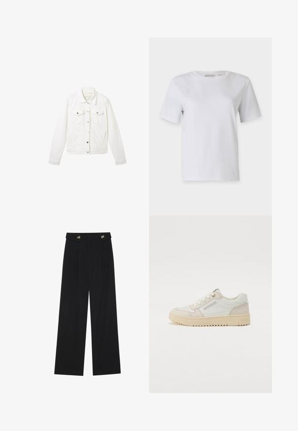 White denim jacket with a classic design, featuring a collar, long sleeves, two chest pockets, silver button closures, and a straight cut.; White short-sleeve t-shirt made of smooth cotton. Features a crew neck and straight hem, with no patterns or embellishments.; Black wide-leg trousers with high waist, button details on waistband, and front pleats.; White and beige sneaker with leather and suede materials, rounded shape, textured sole, and lacing, featuring a logo on the side.