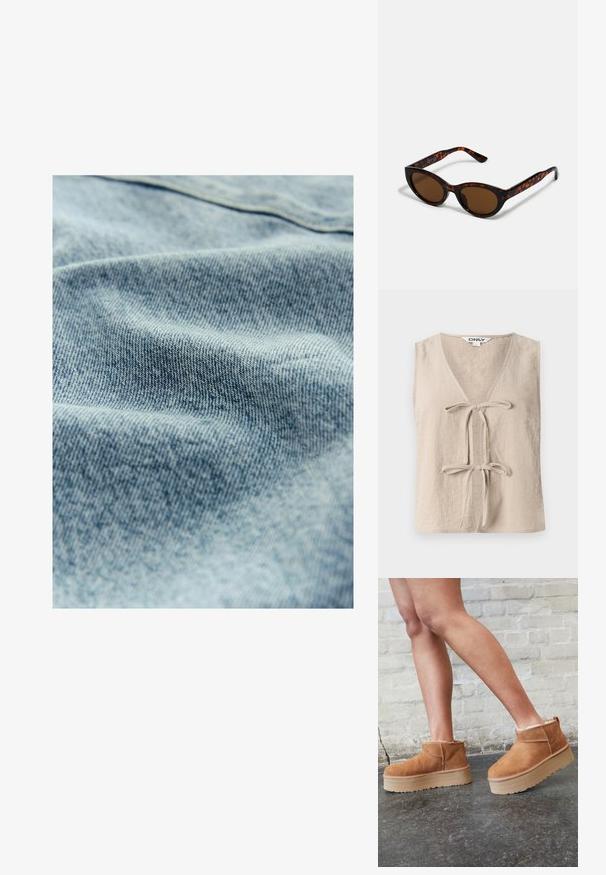 Bežinė be rankovių palaidinė su V formos iškirpte ir dviem priekiais surišamais mazgais. Pagaminta iš tekstūruotos medžiagos, su laisvu siluetu ir paprastu dizainu.; Šviesiai mėlynas džinsinis audinys su subtilia tekstūra ir matomu pynimo raštu, rodantis lengvus spalvos ir minkštumo pokyčius.; Rudos zomšiniai kulkšniniai batai su minkštu pamušalu, storu smėlio spalvos platforminiu padu ir gale esančia kilpa. Tekstūruotas paviršius su matomais siuvimo detalėmis.; Rudos tortoiseshell saulės akinius su vintage katės akies forma ir rudais objektyvais. Ypatybės - lenkti petnešos su raudonomis akcentais.