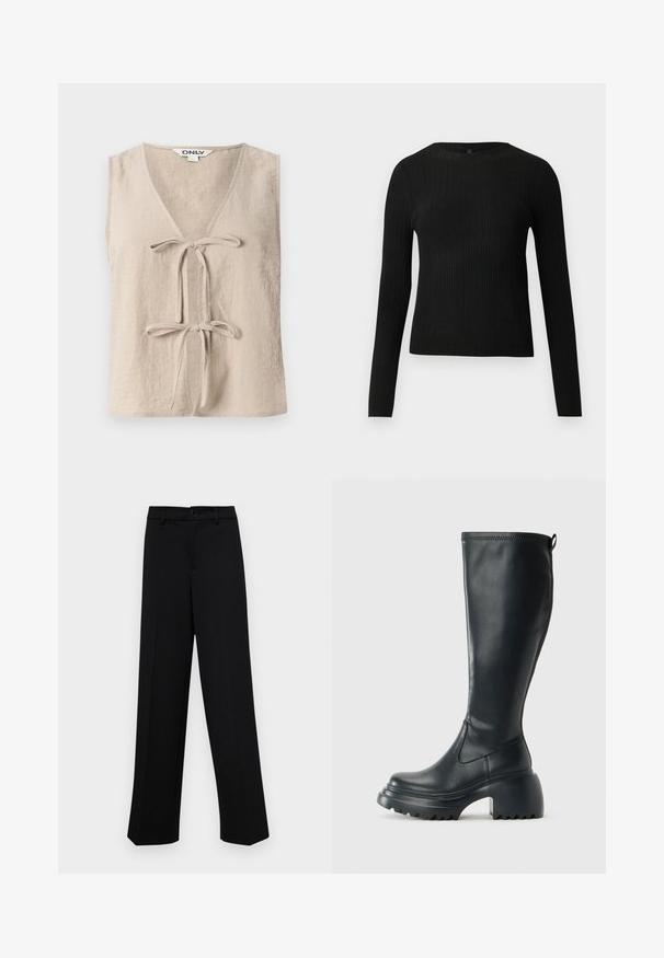 Béžový top bez rukávov s výstrihom do V a dvomi prednými viazaniami. Vyrobený z textúrovanej tkaniny, s voľným strihom a jednoduchým dizajnom.; Čierny rebrovaný pulóver s dlhým rukávom, priliehajúci, s okrúhlym výstrihom, vystavený na jednoduchom svetlom pozadí.; Čierne široké nohavice vyrobené z hladkej látky, s klasickým pásom a zapínaním na gombík, a prednými skladmi.; Vysoká čierna kožená čižma s masívnou platformou a blokovým podpätkom, s praktickým pútkom a textúrovaným vzorom na podošve.