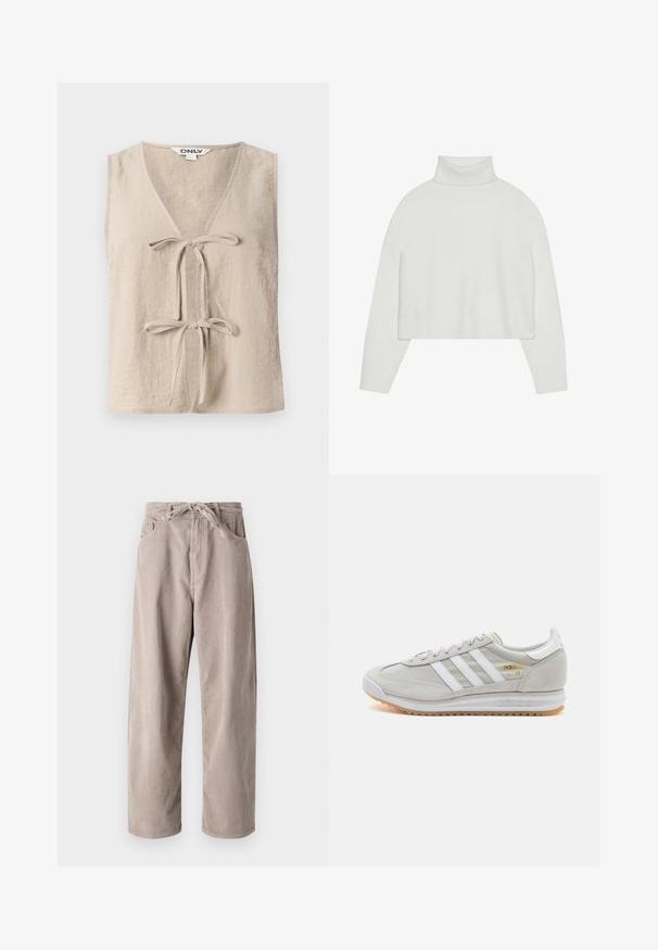 Beige ilma varrukatega topp, millel on V-kaelus ja kaks esist tika. Valmistatud tekstureeritud kangast, laia lõike ja lihtsa disainiga.; Valge lühendatud kõrge kaelaga sviiter ribatud varruka- ja alläärtega. Pehme tekstuur, laiad varrukad ja õmblusteta disain taga.; Beige kammkootud püksid, millel on mugav lõige, paelaga vöökoht, kaks eesmist taskut ja vertikaalne soonik tekstuur.; Heled hallid tossud, mis on valmistatud nubukist ja võrgust, millel on kolm valget triipu, ümmargune varvas ja kummist tald. Kuldne logoelement paelte lähedal.