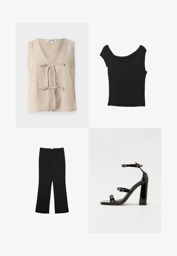 Beige toppi ilman hihnoja, jossa on V-kaula-aukko ja kaksi etusolkea. Valmistettu tekstuurisesta kankaasta, jossa on väljä istuvuus ja yksinkertainen muotoilu.; Musta lyhythihainen paita, joka on valmistettu sileästä kankaasta; siinä on laskeutuva kaula-aukko ja epäsymmetrinen helma, sekä istuva malli.; Mustat housut suoralinjaisella leikkauksella, joissa on etutaskut ja sivurei'ät helman alla. Valmistettu pehmeästä ja sileästä kankaasta. Sopii eri tilaisuuksiin.; Musta kiiltävä korkokenkä sandaalit neliönmuotoisella varpaalla, nilkkaremmillä ja hopeisilla soljilla. Varustettu tukevalla lohkokorkealla vakauden takaamiseksi.