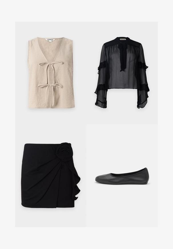 Beigefarbenes ärmelloses Oberteil mit V-Ausschnitt und zwei Vorderbindungen. Hergestellt aus einem strukturierten Stoff, mit lockerer Passform und schlichtem Design.; Schwarze durchsichtige Bluse mit langen, gerafften Ärmeln und einer Schleife am Hals. Besteht aus leichtem Material und hat eine lockere Passform, die sich gut zum Schichten eignet.; Schwarzer Minirock aus weichem Stoff mit einem gefältelten Design. Besitzt ein Stoffrose-Detail an der Seite und einen gerafften Saum.; Schwarze Leder-Ballettschuhe mit abgerundeter Spitze, glatter Textur, minimalen Nähdetails und einem flexiblen Sohlen-Design.
