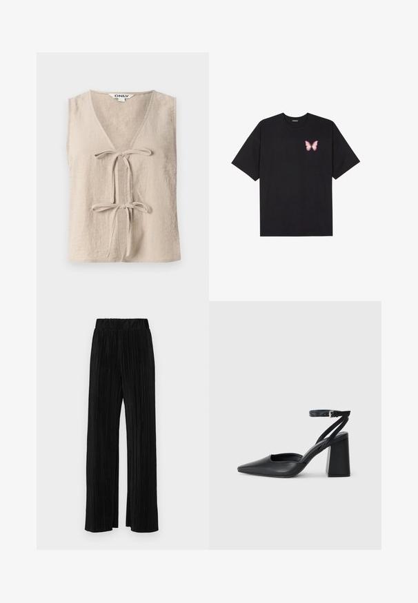 Bež brezrokavni top z V-izrezom in dvema sprednjima vezavama. Narejen iz strukturiranega materiala, z ohlapnim krojem in preprostim dizajnom.; Črna bombažna majica s kratkimi rokavi, ki ima majhen roza metuljček na levi strani prsnega dela. Majica s krožnim ovratnikom in sproščenim krojem.; Črne plisirane hlače z elastičnim pasom. Imajo široke noge in gladko, teksturirano tkanino z navpičnimi črtami.; Črne usnjene klasične čevlje z ostrim nosom, z zaponko za gleženj in debelim peto. Ravna tekstura, eleganten dizajn in minimalistična estetika.