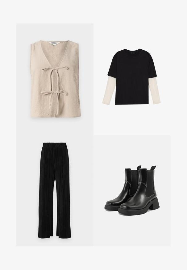 Beżowy top bez rękawów z dekoltem w kształcie litery V i dwoma z przodu związanymi końcami. Wykonany z teksturowanej tkaniny, o luźnym kroju i prostym designie.; Czarny T-shirt wykonany z bawełny, z krótkimi rękawami na białej warstwie z długim rękawem z delikatnym teksturowanym wzorem. Projekt z okrągłym dekoltem.; Czarne spodnie plisowane z elastycznym paskiem w talii. Posiadają szerokie nogawki oraz gładki, teksturowany materiał z pionowymi paskami.; Czarne skórzane botki Chelsea na mocnej podeszwie, z elastycznymi panelami bocznymi i kontrastującym białym ściegiem. Teksturowane wykończenie.