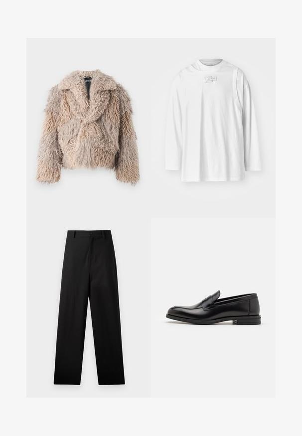 Casaco de pele falsa em bege com uma textura fofinha, colarinho largo e design cortado. Apresenta diferentes comprimentos de pelos num padrão de patchwork.; Feng Chen Wang DECONSTRUCTION UNISEX - Camisola de manga comprida - white; Calças pretas de algodão com um design de pernas retas, apresentando um fecho frontal por botão e bolsos laterais. Textura suave, sem padrões.; Mocassins de couro preto com uma textura suave, bico arredondado e uma faixa decorativa sobre o peito do pé. Salto baixo e empilhado, design minimalista.