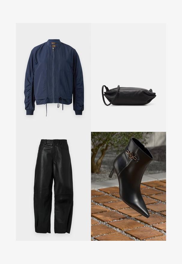 Jaqueta bombardeiro navy em tecido leve. Apresenta um fecho de correr completo, punhos elásticos, cordão na barra e dois bolsos frontais. Design simples.; Blusa preta com mangas longas transparentes, apresentando pregas frontais e um detalhe de flor em tecido em camadas no ombro esquerdo. Fecho por botão no pescoço.; Calças de couro preto com um ajuste solto, apresentando um design de perna reta, bolsos frontais e detalhes de costura visíveis.; Bota de tornozelo em couro preto com bico fino e salto pequeno. Apresenta um detalhe em corrente dourada no tornozelo. Cercada por uma superfície de pedra texturizada.; Carteira de mão em couro preto com formato retangular, textura suave, alça de ombro fina e design minimalista.