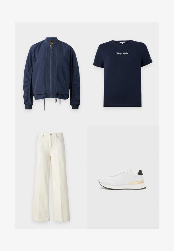 Mornarjski bomberski jakna iz lahkega materiala. Ima poln zadrgo, elastične manšete, vrvico na robu in dve sprednji žepek. Preprost dizajn.; Temno modra bombažna majica s kratkimi rokavi in okroglim izrezom. Ima belo vezeno logo "Tommy Hilfiger" na prsih. Enostaven dizajn, sproščen kroj.; Široke bele kavbojke so narejene iz mešanice bombaža. Imajo zadrgo, pet žepov in šive vzdolž šivov.; Bela tenisa z gladko površino, ki se ponaša z črnimi detajli na peti in zlatim kovinskim dodatkom na srednjem delu podplata. S sistemom vezalk, gumijast podplat.