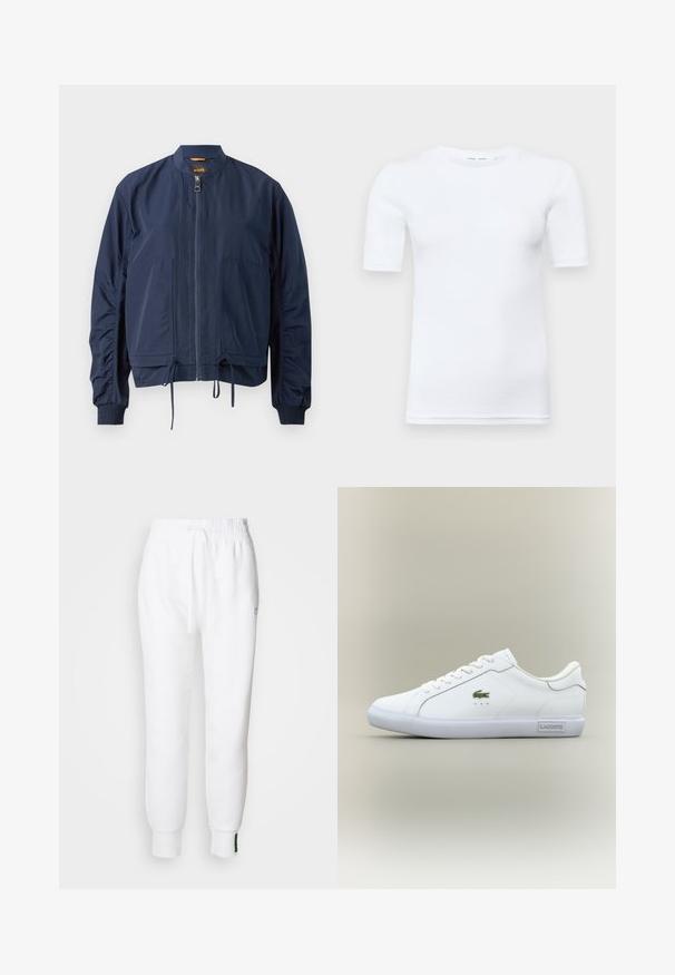 Granatowa kurtka bombowa z lekkiego materiału. Posiada pełny zamek błyskawiczny, elastyczne mankiety, ściągacz u dołu oraz dwie przednie kieszenie. Prosty design.; Biała koszulka z krótkim rękawem wykonana z bawełny. Posiada okrągły dekolt oraz gładką teksturę, z minimalnie widocznym ściegiem przy dolnym wykończeniu.; Białe spodnie dresowe z elastycznym paskiem w talii i sznurkiem do regulacji, z bocznymi kieszeniami i ściągaczami na nogawkach. Miękka tkanina z haftowanym logo.; Białe niskie sneakersy z białymi sznurowadłami, zielonym logo krokodyla po boku i etykietą "Lacoste" na podeszwie na neutralnym tle.