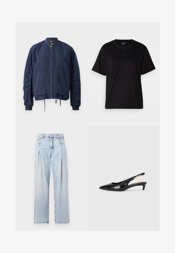 Navy bomber jacket in lightweight fabric. Features a full zipper, elastic cuffs, drawstring hem, and two front pockets. Simple design.; Black cotton t-shirt with a crew neckline, short sleeves, and an embroidered logo on the chest. Simple, relaxed fit with no patterns.; Light blue denim jeans with a high waist, wide-leg cut, two side pockets, and pleated design feature. Soft texture with a faded finish.; Black leather slingback heels with a pointed toe, featuring a slim heel and a gold-tone accent on the adjustable strap. Smooth texture.