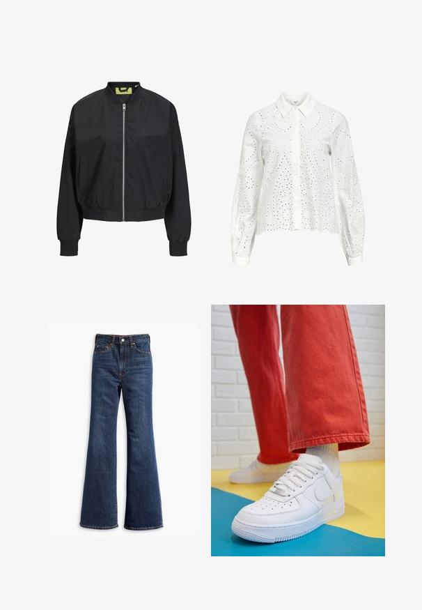 Casaco bomber preto com fecho de correr na frente, punhos e cintura canelados. Apresenta bolsos laterais e uma etiqueta interna em contraste. Textura de tecido suave.; Camisa branca de mangas longas com gola, apresentando bordados em ilhós com um padrão paisley e fechos de botão na frente.; Jeans de ganga escura de cintura alta com pernas largas, fecho de botão e zipper na frente, e design de cinco bolsos.; Sapatilha de couro branca com biqueira perfurada, sola texturizada e atacadores brancos, combinada com calças largas vermelhas e um fundo azul e amarelo.