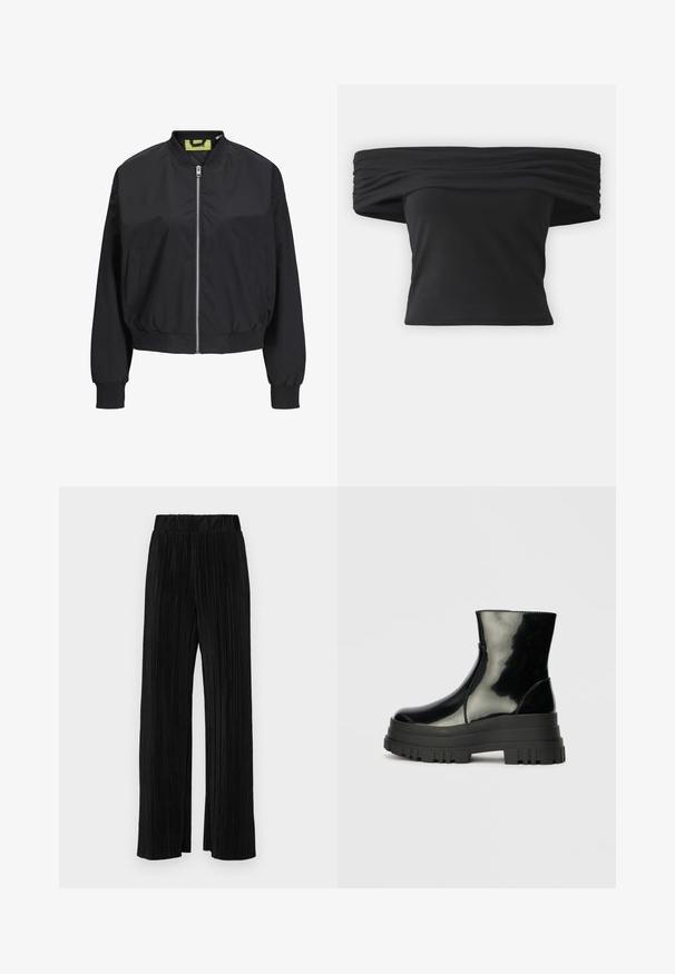 Fekete bomber dzseki cipzáros elülső résszel, bordázott mandzsettákkal és derékpánttal. Oldalsó zsebekkel rendelkezik, valamint kontrasztos belső címkével. Sima szövettextúra.; Fekete, vállon túl viselhető felső, a nyakrésznél redőzött textúrával, rövid ruhaujjakkal és fitted cropped fazonnal. Rugalmas anyagból készült.; Fekete pliszírozott nadrág gumis derekkal. Széles lábakkal rendelkezik, sima, texturált anyagból készült, függőleges csíkokkal.; Fekete fényes boka csizma vastag bordázott talppal és kerek orral, oldalnézet világos szürke háttér előtt.