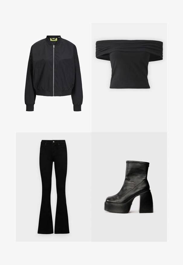 Musta bombere takki, jossa on vetoketjukiinnitys, resorit hihoissa ja vyötäröllä. Varustettu sivutaskuilla ja erottuvalla sisämerkinnällä. Sujuva kangas.; Musta olkaimeton toppi, jossa on rypistetty kangas kaula-aukossa, lyhyet hihat ja tiukka lyhyt malli. Valmistettu venyvästä materiaalista.; Mustat korkeavyötäröiset farkut nappi- ja vetskariyläosalla, etutaskuilla ja levenevillä lahkeilla, asetettuna tasaisesti valkoista taustaa vasten.; Musta nahka nilkkuri pyöreällä varvalla, tasaisella pinnalla ja erottuvalla paksukorkoisella korkolla. Varustettu sivuvetoketjulla. Minimalistinen muotoilu.