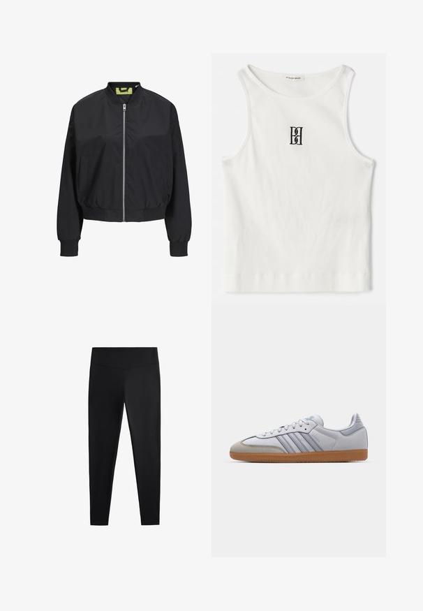 Černá bomber bunda se zipem vpředu, žebrovanými manžetami a pasem. Obsahuje boční kapsy a kontrastní vnitřní štítek. Hladká textilie.; Bílý žebrovaný top bez rukávů se černým vyšitým logem uprostřed hrudi. Výstřih a otvory na ruce jsou zakončeny jemným lemováním.; Černé legíny vyrobené z hladkého, elastického materiálu. Mají široký pas a zúžený střih nohavic, vhodné pro aktivní nebo volnočasové nošení.; Bílé kožené tenisky s světle modrými akcenty, šedým semišovým špičkou a hnědou gumovou podrážkou. Obsahují tři modré pruhy a branding "Samba".