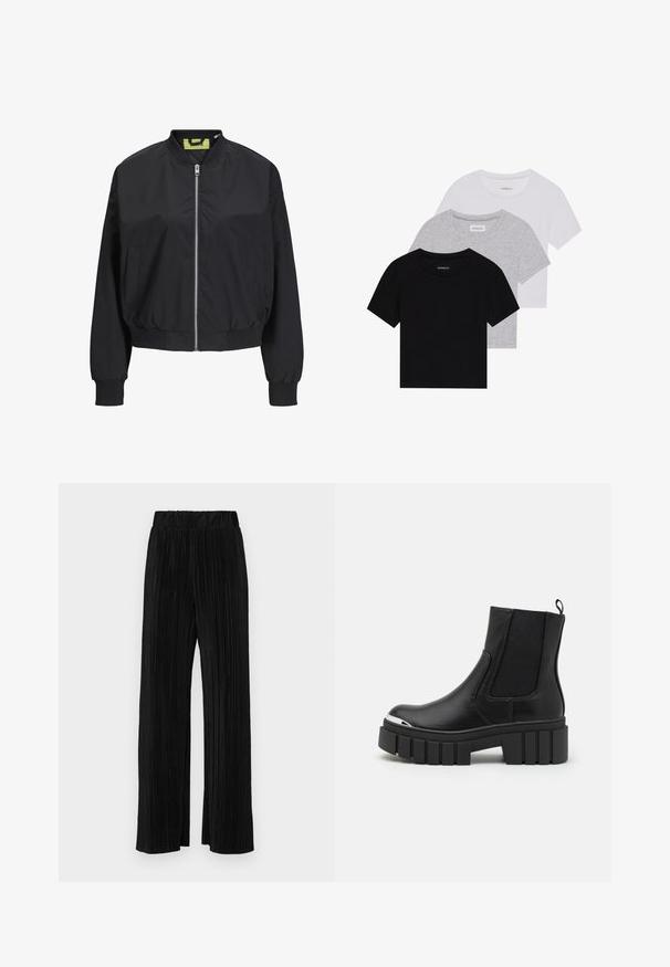 Zwarte bomberjack met een ritssluiting aan de voorkant, ribbel cuffs en een ribbel tailleband. Beschikt over zijzakken en een contrasterend binnenlabel. Soepele stofstructuur.; Set van drie korte mouwen t-shirts in zwart, grijs en wit. Gemaakt van katoen, met een ronde hals en een eenvoudig, effen kleurontwerp.; Zwarte geplooide broek met een elastische tailleband. Beschikt over wijde pijpen en een glad, gestructureerd stof met verticale strepen.; Zwarte enkellaarsjes van soepel leer met elastische panels, een dikke plateauzool en een metalen neuskap.