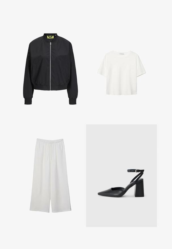 Čierna bombera s predným zipom, ribovanými manžetami a pásom. Obsahuje bočné vrecká a kontrastnú vnútornú etiketu. Hladká textúra látky.; Biela krátkopsová tričko vyrobené z bavlny. Má okrúhly výstrih a voľný strih. Hladká textúra bez viditeľných vzorov alebo akcentov.; Biele široké nohavice z ľahkého materiálu s elastickým pásom a šnúrkou na nastavenie veľkosti. Hladká textúra.; Čierne kožené lodičky s špicatou špičkou a členkovým remienkom, s masívnym podpätkom. Hladký povrch, elegantný dizajn a minimalistická estetika.