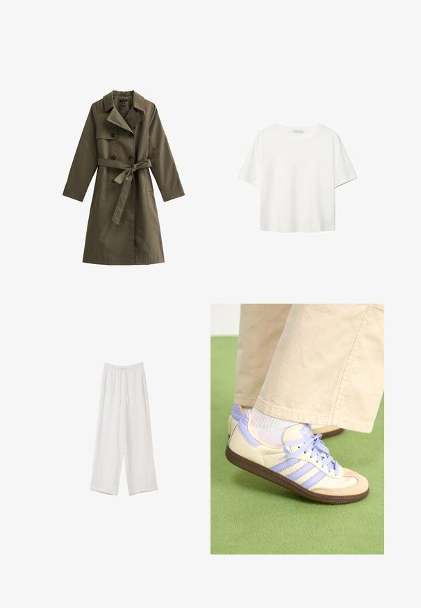 Olivgrön trenchcoat med dubbelknäppning, stor krage, sidofickor och ett tygbälte för stängning. Slät textur.; Vit t-shirt med kort ärm i bomull. Har en rundad halsringning och en avslappnad passform. Slät textur utan synliga mönster eller detaljer.; Vita vida byxor i vid passform gjorda av ett lättviktsmaterial. Har en elastisk midja med dragsko och sidofickor. Slät textur.; Krämfärgade och lavendelfärgade sneakers med tre ränder och en texturerad brun sula, med snören och en vadderad häl. Mjuk tygobero.