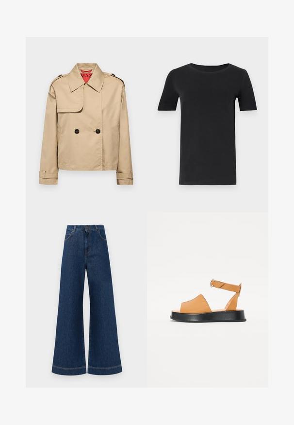 MAX&Co. MOLLA - Skraistė - beige; Juodas trumpas rankovėmis marškinėlis, pagamintas iš minkštos medvilnės, su apvaliu iškirpimu ir klasikiniu siluetu. Lygus paviršius, be raštų ar puošmenų.; Plati mėlynos džinsinės kelnės su aukštu liemeniu, turinčios mygtukų užsegimą, diržo kilpas ir subtilius siuvinėjimo akcentus ant kišenių bei apdailos.; Šviesiai ruda odinė šlepetė su plačia priekiu, atvira koja, reguliuojama dirželiu ir storesniu juodu pagrindu. Lygi tekstūra ir minimalus dizainas.