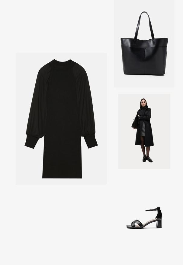 Zwarte trenchcoat met knopen, lange mouwen en een hoge kraag. Gedragen over een grijze rok en zwarte instappers, geaccessoireerd met een handtas.; Zwarte jurk van geribbelde stof met pofmouwen en een hoge halslijn. De silhouet is recht en valt tot de knie.; Zwarte open teen hakken sandalen met gekruiste banden, een verstelbare enkelband en een chunky hak, met een gladde leren textuur.; Zwarte leren tote bag met twee lange handvatten, een zachte textuur en een gestructureerde vorm. Voorzien van een voorvak voor extra opslagruimte.