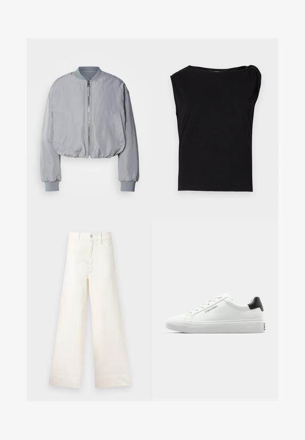Jaqueta bomber cinza claro, cortada, com colarinho canelado, fecho de correr à frente, dois bolsos laterais e punhos e bainha elásticos. Textura de tecido suave.; Top preto de manga curta feito de tecido suave. Apresenta um decote redondo e detalhe drapeado no ombro. Design simples e ajustado.; Calças largas em algodão bege claro. Apresentam uma cintura alta, bolsos frontais e um corte reto. Acabamento de bainha limpo, sem padrões.; Sapatilha branca com acabamento liso, detalhe preto no calcanhar e design com atacadores. Apresenta a marca "Calvin Klein" na lateral. Estilo minimalista.