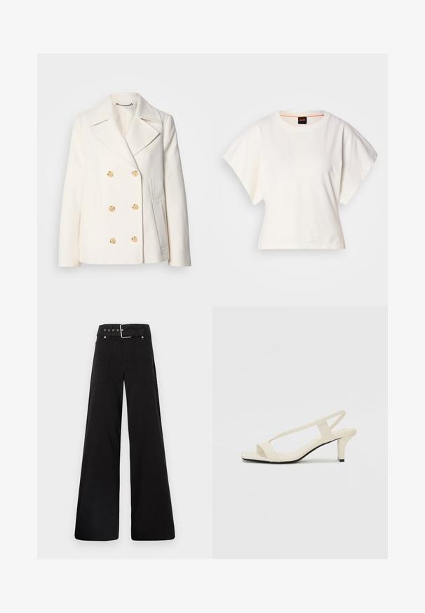 Double-breasted white coat in textured fabric, featuring large gold-tone buttons, notched lapels, and side pockets.; White cropped T-shirt, short wide sleeves, soft cotton material, round neckline with subtle orange trim, minimal design, no patterns or graphics.; Black wide-leg trousers made from cotton, featuring a high waist, large side pockets, and a belted waist with silver hardware accents.; Beige block-heeled sandals with thin straps and a square toe. Smooth material with minimal detailing, designed for easy wear.