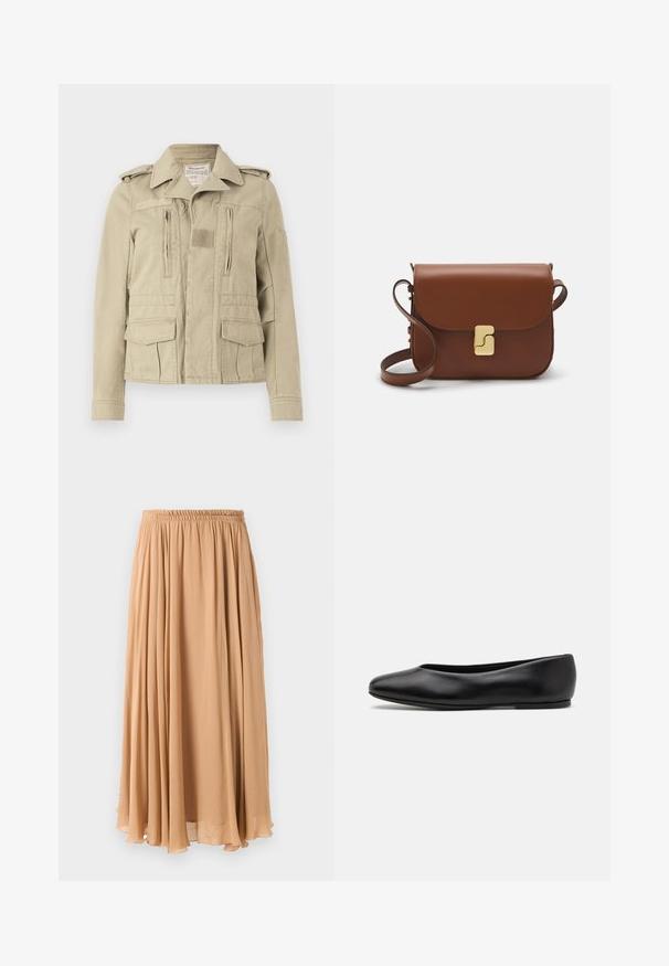 Chaqueta de estilo militar en color beige, de algodón, con cierre de botones, dos bolsillos en el pecho con cremallera y bolsillos laterales con tapa. Presenta hombreras y un cuello texturizado.; Suéter corto de un beige claro con cuello tipo chimenea con cremallera, que presenta un patrón texturizado y puños y dobladillo acanalados. Combina materiales de punto y tejido.; Falda maxi en beige claro, confeccionada con una tela fluida. Presenta una cintura elástica fruncida y suaves pliegues para el movimiento.; Paul Smith TOPANGA - Bailarinas - black; Bolso de mano de cuero marrón con cierre de solapa, herrajes en tono dorado, correa para el hombro y una textura suave. Forma rectangular compacta.