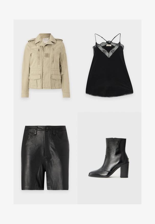 Giacca militare beige in cotone con abbottonatura frontale, due tasche sul petto con zip e tasche laterali con patta. Presenta spalline e un colletto testurizzato.; Camisole nera con spalline regolabili, caratterizzata da un scollo a V in pizzo e bordi scallopati. Tessuto morbido con una leggera lucentezza.; Pantaloni corti in pelle nera con una trama liscia, dotati di zip frontale, chiusura a bottone e classico design a cinque tasche.; Stivale alla caviglia in pelle nera, con una superficie liscia, punta affilata e tacco alto e massiccio. Presenta una apertura laterale e un design minimalista.