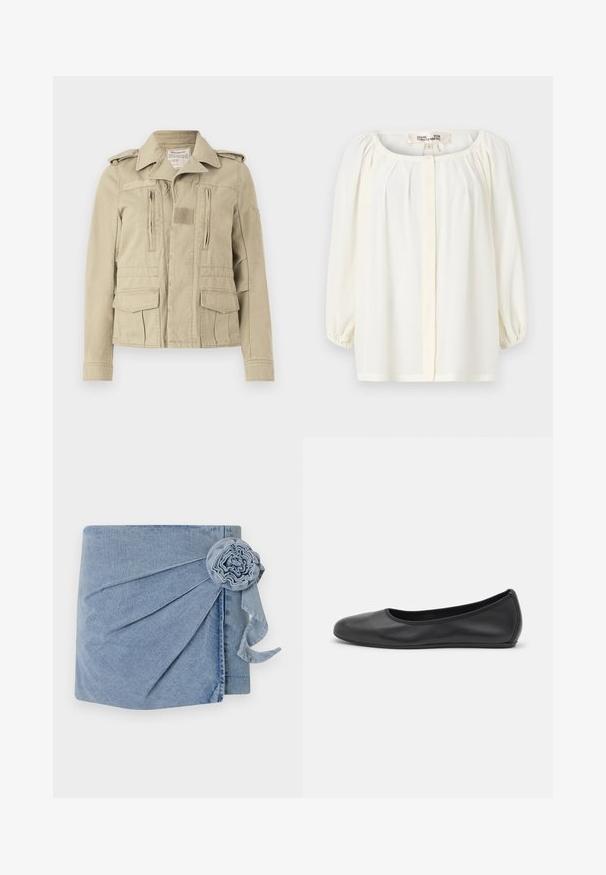 Beige, bomulds militærstil jakke med knaplukning, to lynlåslommer på brystet og sidelommer med klap. Har skulderklapper og en tekstureret krave.; Hvid bluse med en rund halsudskæring, plisseret front og trekvart puffærmer. Lavet af let stof med en blød tekstur.; Denimindpakning med en lys blå nuance, intrikate plisseringer og en dekorativ blomst med et svævende bånd. Blød tekstur og afslappet design.; Sort læderballetsko med rund tå, glat tekstur, minimal syning og et fleksibelt såldesign.