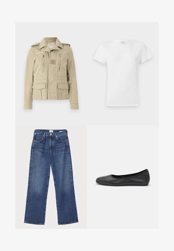 Beige Baumwolljacke im Militärstil mit Knopfverschluss, zwei Reißverschlusstaschen auf der Brust und seitlichen Klappentaschen. Mit Schulterklappen und einem strukturierten Kragen.; Weißes Baumwoll-T-Shirt mit Rundhalsausschnitt und kurzen Ärmeln, das einen lockeren Sitz und ein minimalistisches Design aufweist. Etikett am Hals sichtbar.; Citizens of Humanity ANNINA - Jeans Straight Leg - westwood dark indigo; Schwarze Leder-Ballettschuhe mit abgerundeter Spitze, glatter Textur, minimalen Nähdetails und einem flexiblen Sohlen-Design.