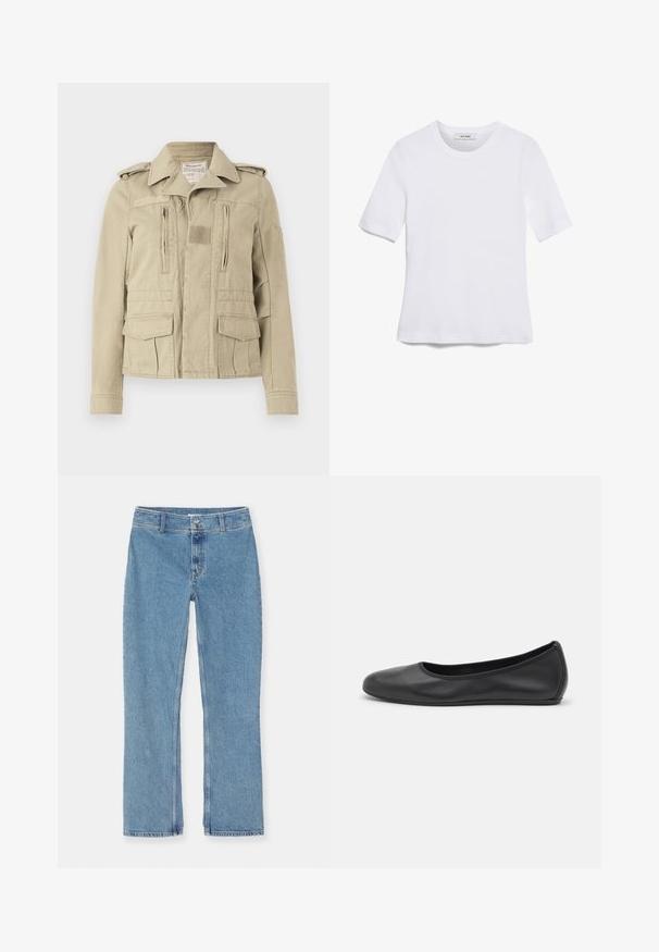 Béžová bavlněná vojenská bunda se zapínáním na knoflíky, dvěma zipovými kapsami na hrudi a bočními klopovými kapsami. Obsahuje epauletky a texturovaný límec.; Bílá tričko s krátkým rukávem vyrobené z žebrované tkaniny. Kulatý výstřih, normální střih a jemné detaily šití. Bez vzorů nebo grafik.; Světlé modré džíny rovného střihu s knoflíkovým a zipovým zapínáním, poutky na opasek a standardním švem na bílém pozadí.; Černé kožené baletní byty s kulatou špičkou, hladkou texturou, minimálními švy a flexibilním designem podrážky.