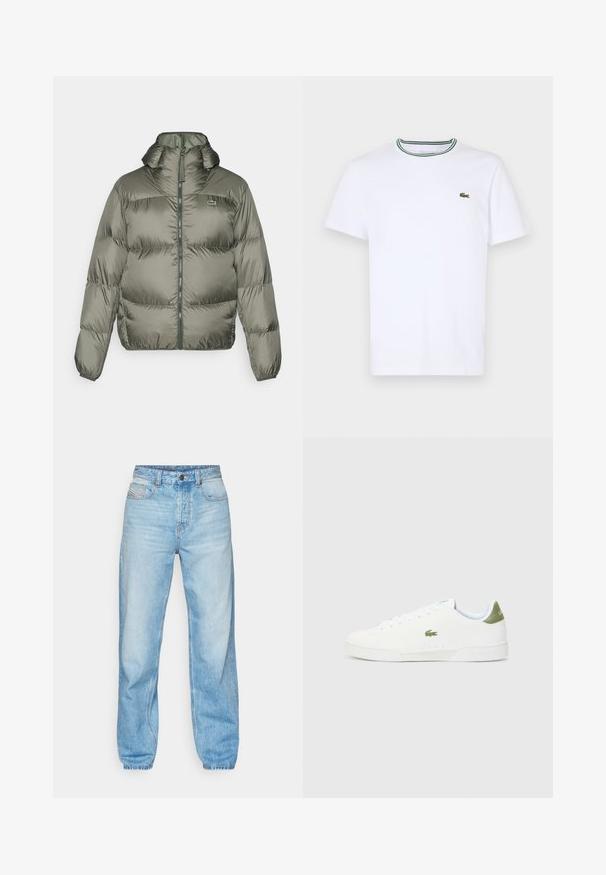 Casaco puffer em verde oliva, com colarinho alto, fecho zip frontal e punhos elásticos. Design ligeiramente acolchoado com um detalhe de marca discreto.; T-shirt branco de algodão de mangas curtas com colarinho canelado, apresentando riscas verdes e pretas; pequeno logotipo verde bordado no lado esquerdo do peito.; Jeans de cor azul clara feitos de denim, com um corte reto, design de cinco bolsos e uma abertura com botão visível com costura em contraste.; Tênis brancos com uma textura suave, apresentando um detalhe verde no calcanhar e um pequeno logotipo de crocodilo bordado na lateral.