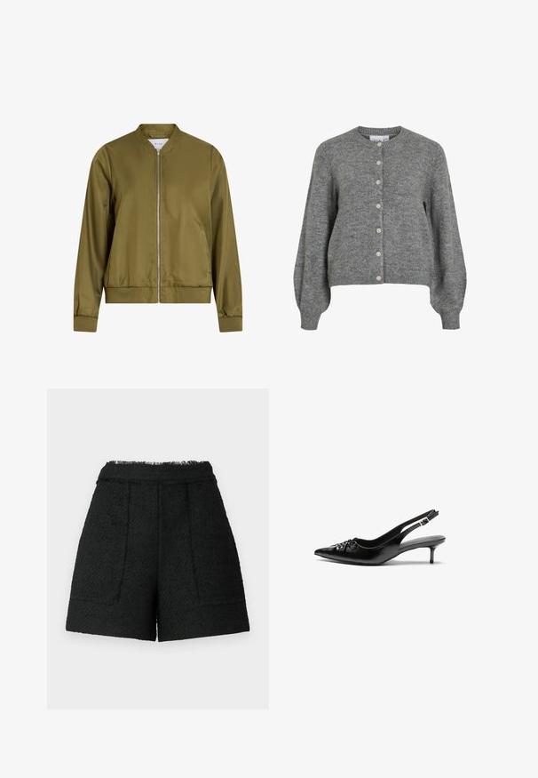 Giacca bomber verde oliva realizzata in materiale liscio e lucido. Presenta un colletto tondo, chiusura zip frontale e polsini aderenti con orlo a coste.; Cardigan grigio lavorato a maglia con colletto rotondo, maniche lunghe a sbuffo, polsini e orlo a costine, chiusura anteriore con sette bottoni bianchi.; T-shirt bianco a maniche corte realizzato in cotone a coste. Design aderente con scollatura a girocollo e texture liscia. Senza motivi o decorazioni.; Pantaloni corti neri realizzati in tessuto testurizzato con orlo sfilacciato, dotati di due tasche anteriori e una vestibilità su misura.; Tacchi slingback in pelle nera con punta affusolata, piccolo tacco kitten e un dettaglio a nodo decorativo sulla parte anteriore. Texture liscia su tutta la superficie.