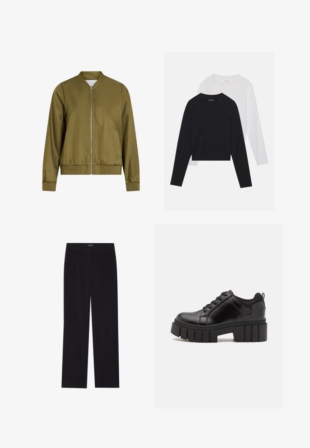 Olivenfarget bomberjakke laget av glatt, blankt materiale. Har rund hals, glidelås foran, og tettsittende mansjetter med ribbestrikket hem.; To lange ermerte skjorter: en svart og en hvit. Begge har rund hals, raglanermer og er laget av en myk bomullsblanding.; Sorte kordfløyelsbukser med rett snitt, med flat midje og ingen synlige lommer, glatt tekstur og vertikal ribbestruktur.; Svarte lærplattformsko med kraftig blokkhell, rund tå og tradisjonell snøring. Har en jevn tekstur og minimal detaljering.