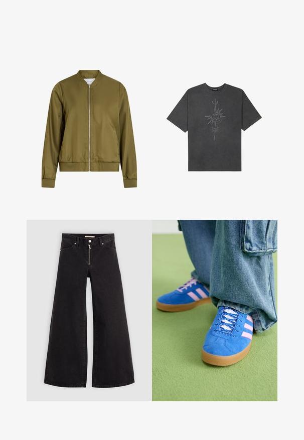 Olive zöld bomber dzseki sima, fényes anyagból. Kerek nyakkal, cipzáras elülső résszel, és passzos mandzsettákkal rendelkezik, ribbölt szegéllyel.; Sötétszürke, nagy méretű pamut póló, középen nap motívummal, aprólékos vonal részletekkel nyomtatva elöl.; Fekete denim széles szárú farmer, cipzáros elejével, öt zsebes kialakítással és diszkrét varrással. Sima textúra és laza stílus.; Kék velúr cipők rózsaszín csíkokkal és fehér fűzővel, gumiból készült talppal, laza farmernadrággal egy zöld felületen.