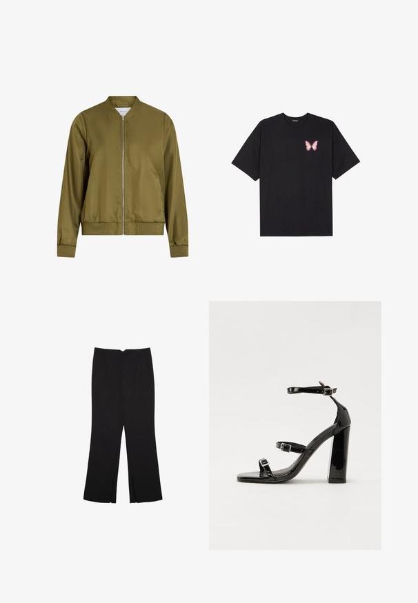 Olivovo zelená bomber bunda vyrobená z hladkého, lesklého materiálu. Má okrúly výstrih, zips vpredu a priliehavé manžety s rebrovaným lemom.; Čierne bavlnené tričko s krátkymi rukávmi, s malým ružovým motýlikom na ľavej hrudi. Design s okrúhlym výstrihom a uvoľneným strihom.; Čierne nohavice so strihom rovného strihu, s prednými vreckami a bočnými rozparkami na leme. Vyrobené z mäkkej, hladkej tkaniny. Vhodné na rôzne príležitosti.; Čierne lakované sandále na podpätku so štvorcovou špičkou, navlečenými remienkami okolo členku a striebornými prackami. Disponujú masívnym blokovým podpätkom pre stabilitu.