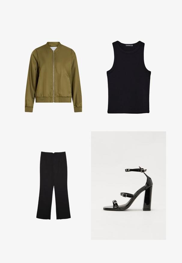 Maslinasto zeleni bomber jakna izrađena od glatkog, sjajnog materijala. Ima okrugli ovratnik, zatvarač sprijeda i fasonirane manžete s rebrastim rubom.; Crni top bez rukava od pamuka, s okruglim izrezom i širokim izrezima za ruke. Glatka tekstura s ušivenim rubovima. Klasičan, minimalistički dizajn.; Crne hlače ravnog kroja, s prednjim džepovima i bočnim prorezima na rubu. Izrađene od mekog i glatkog materijala. Pogodne za razne prigode.; Crne lakirane sandale na visoku petu s dva remena s kopčama, kvadratnim vrhom i masivnom blok petom, s glatkom, sjajnom teksturom.