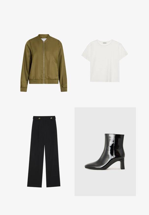 Olive zöld bomber dzseki sima, fényes anyagból. Kerek nyakkal, cipzáras elülső résszel, és passzos mandzsettákkal rendelkezik, ribbölt szegéllyel.; Fehér, rövid ujjú póló, puha pamutból készült. Kerek nyakkivágással és laza szabással rendelkezik. Tiszta dizájn, látható minták vagy díszítések nélkül.; Fekete, bő szárú nadrág magas derékkal, gombos részletekkel a derékrészen és elülső pliszékkal.; Fekete lakk bőrcipő bokáig érő, hegyes orral és közepes magasságú tömbsarokkal. Simább textúrával és minimalista dizájnnal rendelkezik.