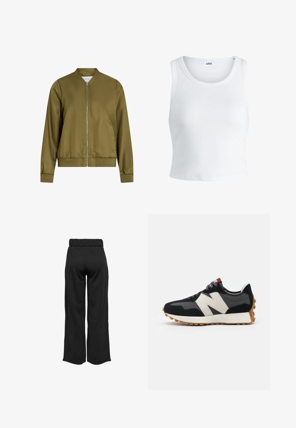 Casaco bomber verde oliva feito de um material liso e brilhante. Apresenta um pescoço redondo, fecho de correr à frente e punhos ajustados com uma bainha canelada.; Top curto branco com nervuras, apresentando um decote redondo, design sem mangas e um comprimento cropped. Rótulo lê "JJXX." Textura de tecido suave.; Calças largas e pretas com uma cinta elástica, feitas de um tecido suave. Apresentam um design limpo, sem bolsos ou detalhes de costura visíveis.; Sneaker em camurça preta e cinza com um grande logótipo "N" creme, cordões roxos e uma sola de borracha texturizada em cor de goma.