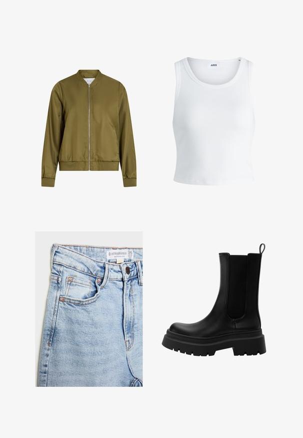 Maslinasto zeleni bomber jakna izrađena od glatkog, sjajnog materijala. Ima okrugli ovratnik, zatvarač sprijeda i fasonirane manžete s rebrastim rubom.; Bijela rebrasta majica bez rukava s okruglim izrezom i skraćenom dužinom. Na etiketi piše "JJXX." Glatka tekstura tkanine.; Svijetloplave traperice s visokim strukom, pet džepova, hardverom u nijansi bakra i suptilnim izbljeđivanjem, s etiketom na pojasu.; Crne kožne Chelsea čizme s elastičnim bočnim panelima, debelim gumenim potplatom i zaobljenim vrhom. Teksturalna i glatka površina.