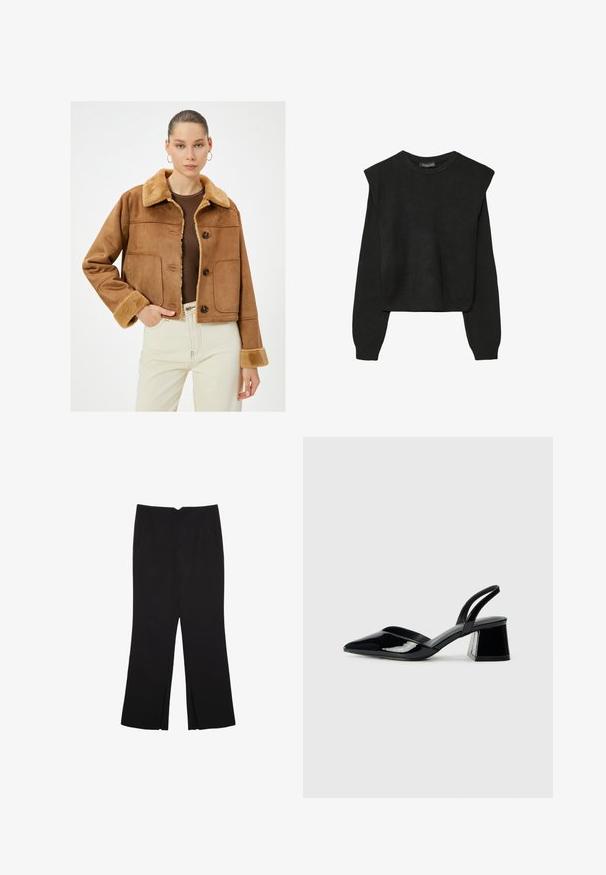 Brun faux suede jakke med en kontrasterende pelskrave og manchetter. Har knapper og to frontlommer, cropped design.; Sort striktrøje med lange ærmer, polstrede skuldre og ribkantede manchetter og kant, vist mod en hvid baggrund.; Sorte bukser med lige pasform, der har frontlommer og slidser i kanten. Lavet af blødt, glat stof. Velegnet til forskellige anledninger.; Sorte patentlæder slingback hæle med spids tå og en geometrisk blok hæl. Har et elegant, minimalistisk design og en glat tekstur.