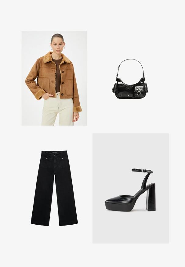 Veste en faux daim marron avec un col et des poignets en fourrure contrastants. Comprend des boutons et deux poches avant, design cropped.; T-shirts à manches longues noir et blanc, avec des encolures rondes, un tissu doux et un design ajusté avec des ourlets droits.; Jean's larges noires avec taille haute, dotés de deux poches avant et d'accents en métal sur les boutons. Le tissu a une texture lisse.; Escarpins noirs à plateforme avec un bout pointu et une sangle réglable à la cheville. Conçus en cuir lisse, avec un large talon bloc.; Sac à main en cuir verni noir avec une forme incurvée, une bandoulière, des poches avant et des accents en métal argenté.