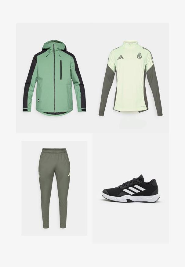 Giacca da esterno verde e nera con cappuccio, chiusura con cerniera, tasca sul petto e polsini elasticizzati. Realizzata in tessuto liscio e resistente.; Jersey verde chiaro a maniche lunghe con accenti grigio scuro, collo a mezza zip e logo del Real Madrid. Realizzato in tessuto traspirante.; Pantaloni da jogging verde oliva con una vestibilità slim, vita elasticizzata e tasche laterali. Presentano un logo sulla coscia sinistra e dettagli a contrasto.; Scarpe da ginnastica nere con una tomaia in mesh texturizzata, strisce bianche di accento, suola imbottita e tallone rinforzato per supporto.