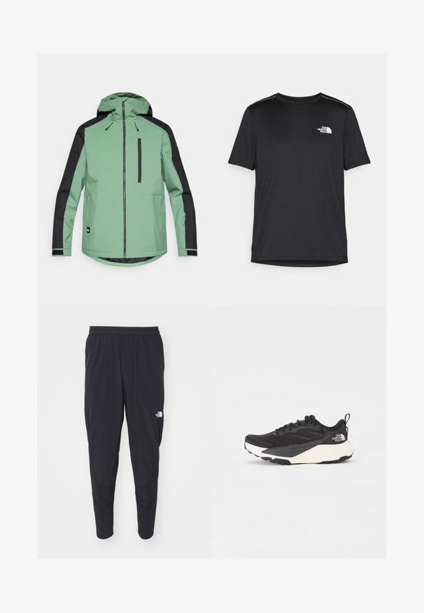 Grønn og svart utendørsjakke med hette, glidelås, brystlomme og elastiske mansjetter. Laget av et glatt, slitesterkt stoff.; Svart kortermet T-skjorte laget av lett materiale. Har en liten hvit logo på venstre bryst og subtile skulderdetaljer.; Sorteidrettsbukser med elastisk midje, smale ben og sidelommer. Har en subtil logo på låret. Glatt tekstur.; Svart treningssko med teksturert mesh-overdel, solide svarte detaljer og hvit, lett yttersåle. Har snøring og en løkke bak.