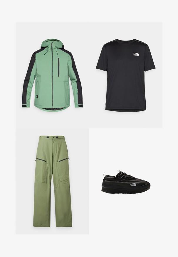 Vihreä ja musta ulkotakki hupulla, vetoketjulla, rintataskulla ja joustavilla hihansuut. Valmistettu sileästä, kestävästä kankaasta.; Mustapaita lyhyillä hihoilla, joka on valmistettu kevyestä kankaasta. Siinä on pieni valkoinen logo vasemmassa rinnassa ja huomaamattomia olkakoristeita.; Vihreät ulkoiluhousut, jotka on valmistettu kevyestä kankaasta. Housuissa on korkea vyötärö, kaksi vetoketjullista etutaskua sekä logotyyli reidessä.; The North Face NSE LOW - Matalavartiset tennarit - black