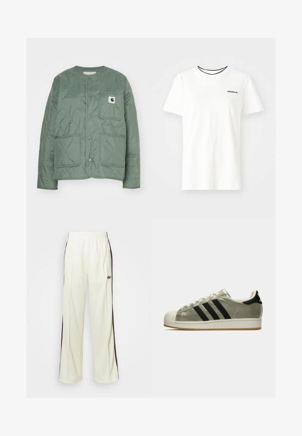Gequiltte groene jas met een ronde hals, klittenbandsluitingen, twee voorzakken en een logopatch op de linkse zak. Soepele textuur.; Witte katoenen t-shirt met korte mouwen en een ronde halslijn. Heeft een zwart Adidas-logo op de borst en een contrasterende zwarte binnenkraag.; Crème-kleurige sweatpants met een relaxte pasvorm, voorzien van donkerbruine zijstrepen en een geborduurd logo op de linkerdij.; Adidas sneakers met een metallic olijfkleurige bovenkant, drie zwarte strepen, rubberen neuskap en een gum outsole. Klassiek ontwerp met een gestructureerde stof.
