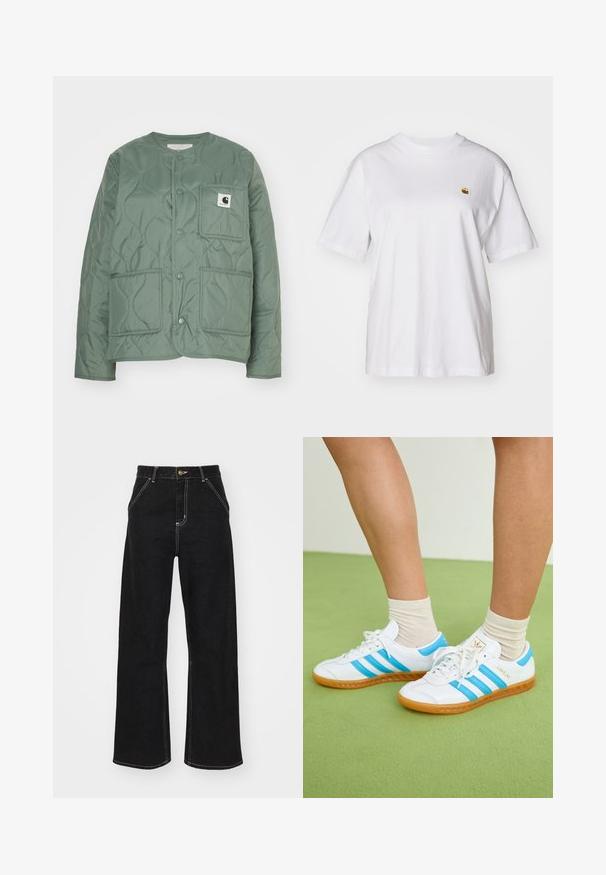 Quilted grøn jakke med rund halsudskæring, trykknapper, to fors bagsider og et logo-plaster på venstre lomme. Glat tekstur.; Hvid bomulds-t-shirt med en afslappet pasform, korte ærmer og et lille broderet logo på venstre brystområde.; Sorte bukser med bred ben, lavet af denim og prydet med kontrastfarvet hvid syning samt en frontlukning med knap, og to skrå forlommer.; Hvide sneakers med lyseblå striber, gummisål og snørebåndsdesign. Har guld branding og en glat læderlignende overflade.