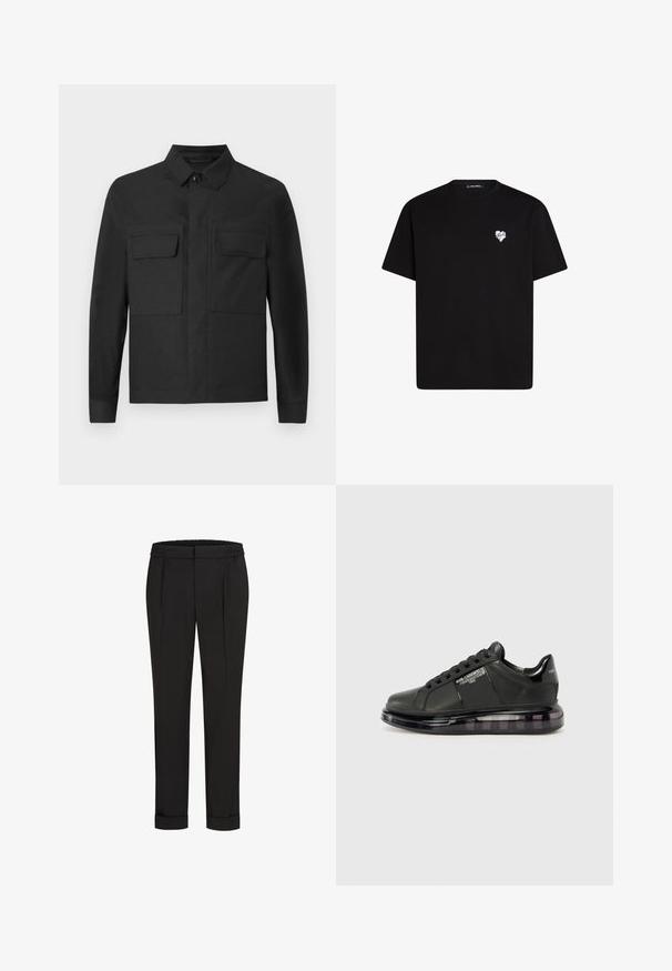 Fekete dzseki, galléros dizájnnal, hosszú ujakkal és két mellzsebbel. Simaságát tekintve anyaga egy egyszínű szövet, precíz varrással.; Fekete pamut póló rövid ujjú, kerek nyakkivágással és egy kis fehér szív grafikával a bal mellkas részen.; Fekete nadrág, elasztikus derékpánttal, egyenes szárú kivitelben és felhajtott szárakkal. Simább, szőtt anyagból készült, minták nélkül.; Fekete sportcipő sima bőr felsőrésszel, kerek orral és fűzős dizájnnal. Átlátszó, párnázott talppal rendelkezik, sötét árnyalatú átmenettel.