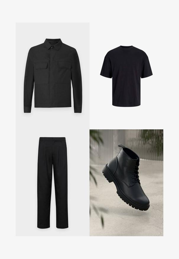 Melnā jaka ar apkakles dizainu, garām piedurknēm un divām krūšu kabatām. Izgatavota no gludas auduma ar vienkrāsainu toni un līniju šuvēm.; Melns kokvilnas T-krekls ar apaļu kakla izgriezumu, īsām piedurknēm un brīvu piegriezumu. Gluda tekstūra un nav redzamu rakstu vai akcentu.; Melnas bikses, izgatavotas no gludas auduma, ar taisnu kāju dizainu, divām priekšējām krokām un standarta jostu, kurai ir āķi.; Melnas ādas potītēm līdzīgas kurpes ar noapaļotu purngalu, saistīšanas sistēmu un izturīgu gumijas zoli. Gluda virsma ar cilpu aizmugurē.